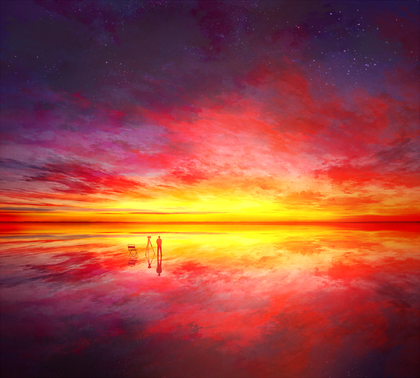 camera chair cloud cloudy_sky commentary_request gradient_sky mks original outdoors red_sky reflection scenery sky solo standing standing_on_liquid star_(sky) starry_sky sunset tripod water_surface yellow_sky