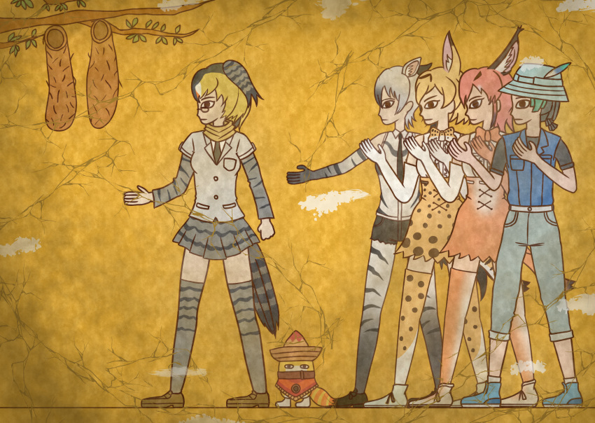 5girls aardwolf_(kemono_friends) aardwolf_ears aardwolf_print aardwolf_tail animal_ear_fluff animal_ears bird_tail bow bowtie campo_flicker_(kemono_friends) caracal_(kemono_friends) caracal_ears caracal_tail commentary_request crack egyptian_art extra_ears full_body hat head_wings highres kemono_friends kita_(7kita) kyururu_(kemono_friends) legwear_under_shorts lucky_beast_(kemono_friends) multiple_girls pants pantyhose pleated_skirt profile serval_(kemono_friends) serval_ears serval_print shorts skirt sombrero thighhighs