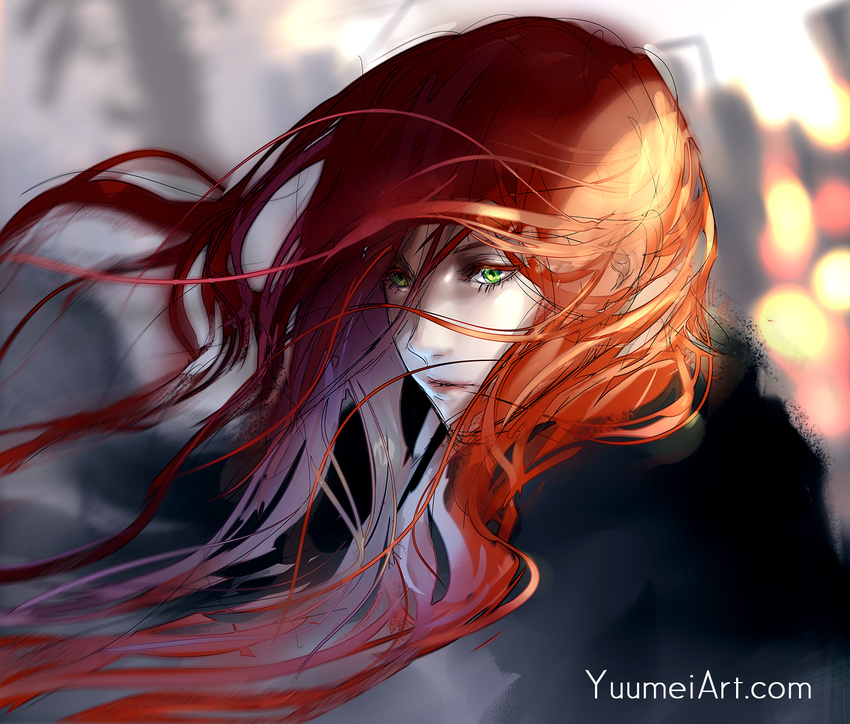 blurry blurry_background fisheye_placebo green_eyes highres long_hair red_hair robin_(fisheye_placebo) solo upper_body watermark web_address wenqing_yan wind