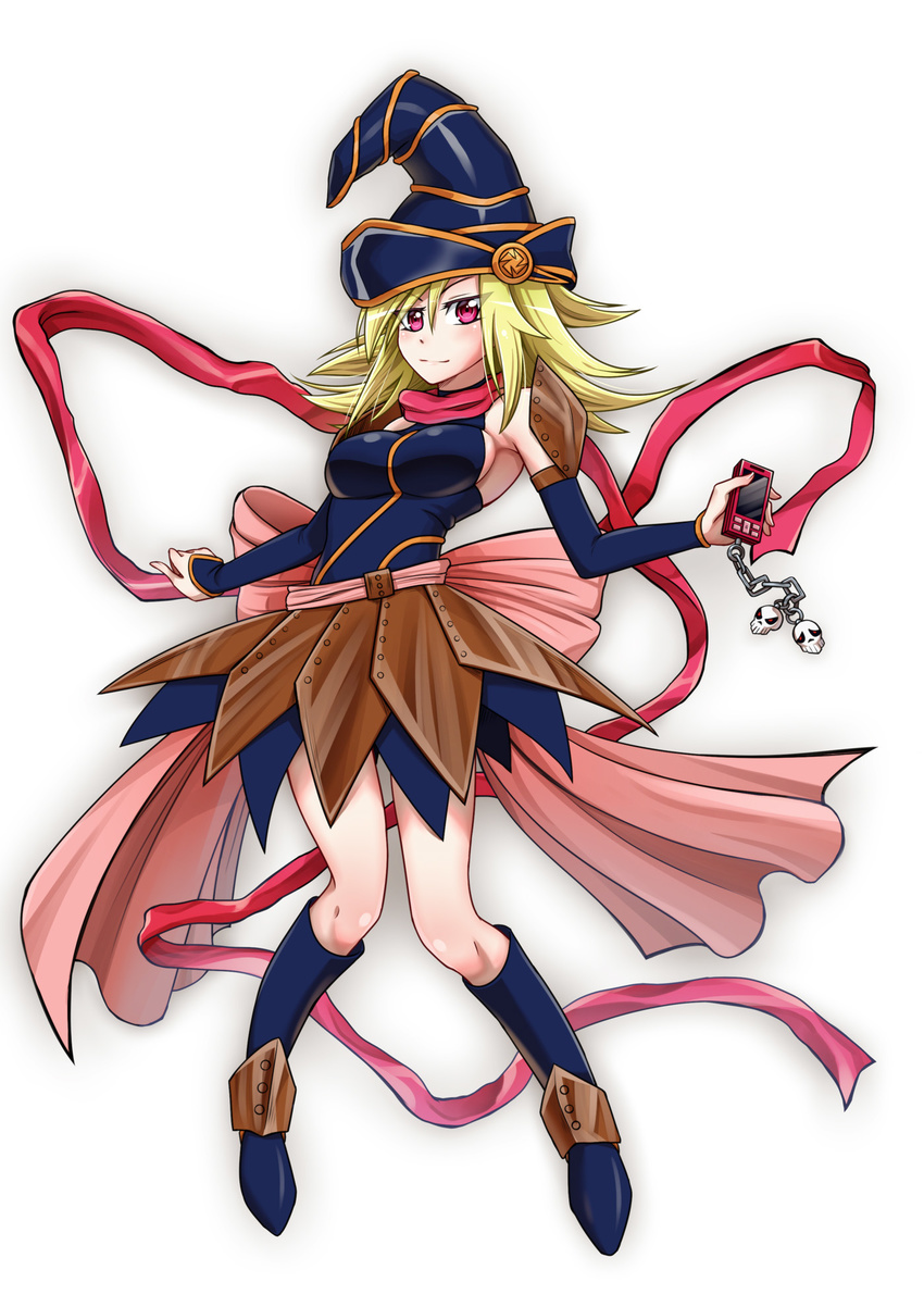 bare_shoulders blonde_hair blush breasts cellphone detached_sleeves duel_monster gagaga_girl hat highres kin-kun large_breasts long_hair looking_at_viewer phone red_eyes simple_background skull smile solo white_background wizard_hat yuu-gi-ou yuu-gi-ou_zexal