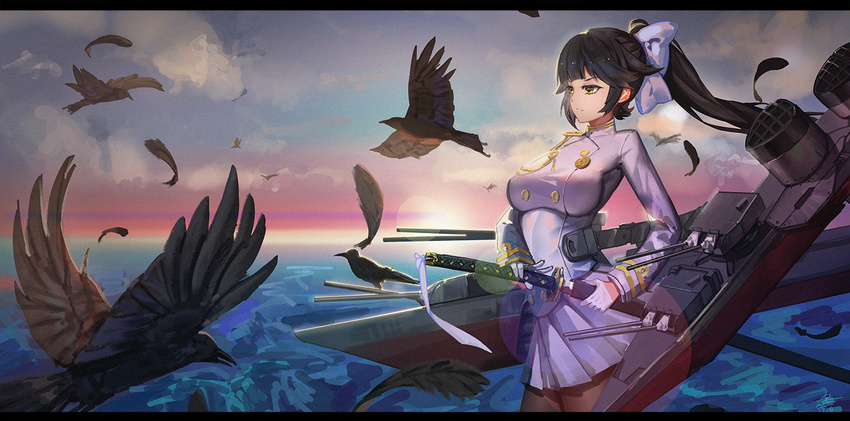 aiguillette azur_lane bangs bird black_hair bow breasts cannon cloud collar cowboy_shot double-breasted feathers frown gloves hair_bow hair_ribbon half_gloves holding katana landscape large_breasts lens_flare long_hair long_ponytail looking_away looking_to_the_side mecha_musume military military_uniform miniskirt ocean pleated_skirt ponytail ribbon rigging serious sheath sk_tori skirt sky sun sunrise sword takao_(azur_lane) turret uniform unsheathing weapon white_gloves white_skirt white_uniform yellow_eyes