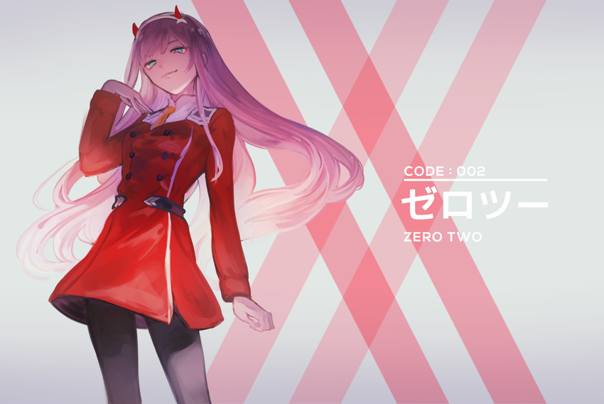 black_legwear character_name cowboy_shot darling_in_the_franxx double-breasted dress gloves green_eyes horns k_(sktchblg) long_hair looking_at_viewer necktie orange_neckwear pantyhose pink_hair smile solo uniform white_gloves zero_two_(darling_in_the_franxx)