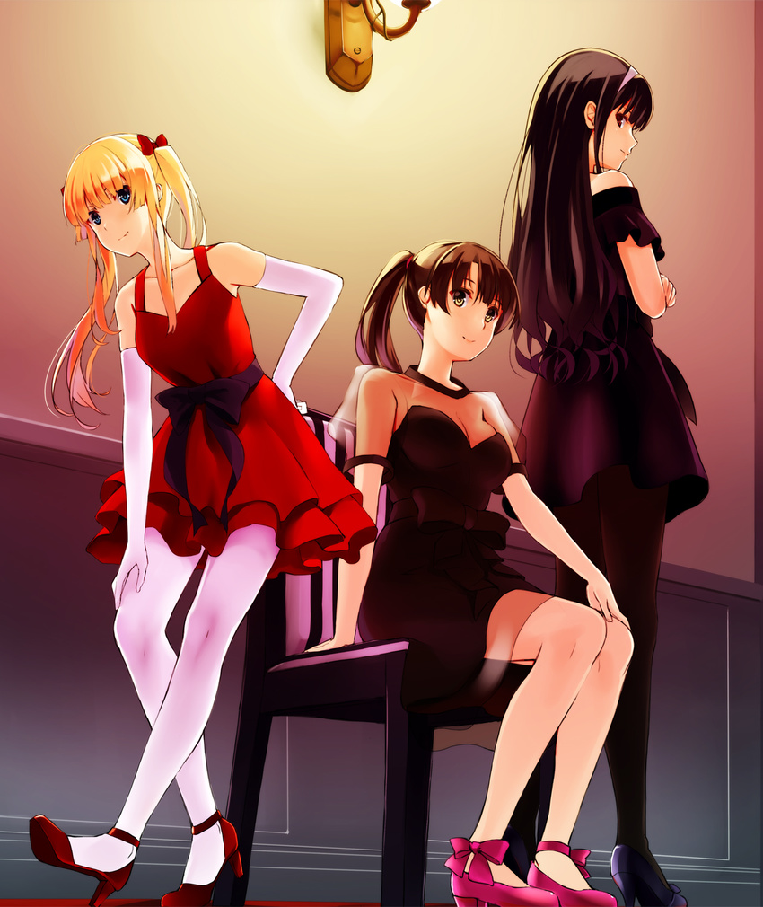 ankle_ribbon bangs black_dress black_eyes black_hair black_legwear blonde_hair blue_eyes breasts brown_eyes brown_hair cleavage collarbone crossed_arms dress elbow_gloves full_body gloves grey_hairband hair_ribbon hairband hand_on_hip hand_on_own_knee high_heels highres indoors kasumigaoka_utaha katou_megumi leaning_forward long_hair looking_at_viewer looking_back medium_breasts mizuki_(mizuki_ame) multiple_girls pantyhose pink_footwear pink_ribbon red_footwear red_ribbon ribbon saenai_heroine_no_sodatekata sawamura_spencer_eriri shoes short_dress side_ponytail sitting sleeveless sleeveless_dress smile standing twintails very_long_hair white_gloves white_legwear