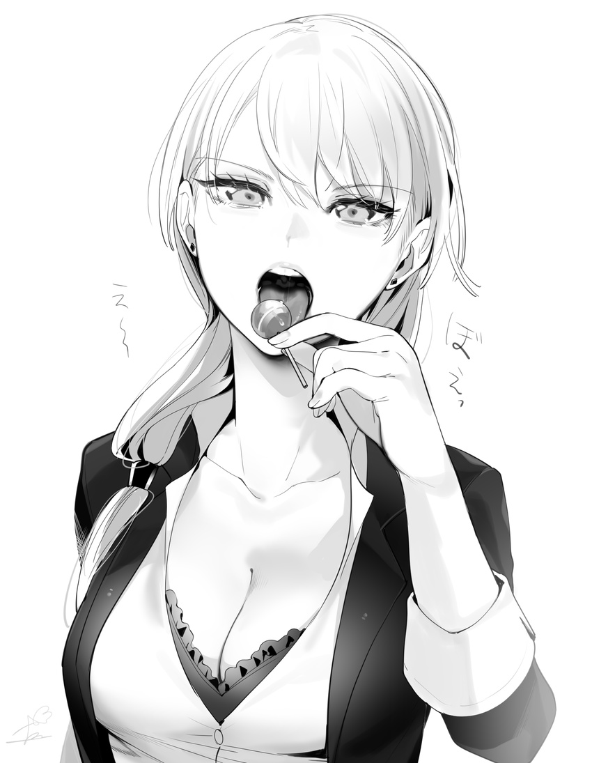 bad_id bad_pixiv_id bangs black_jacket bra bra_peek breasts c_(control) candy cleavage collarbone eating eyebrows_visible_through_hair food frilled_bra frills greyscale hair_over_shoulder highres holding_lollipop jacket jennifer_satou large_breasts licking lollipop long_hair long_sleeves looking_at_viewer low_ponytail monochrome ohisashiburi onomatopoeia open_mouth shirt signature simple_background solo tongue tongue_out underwear white_background