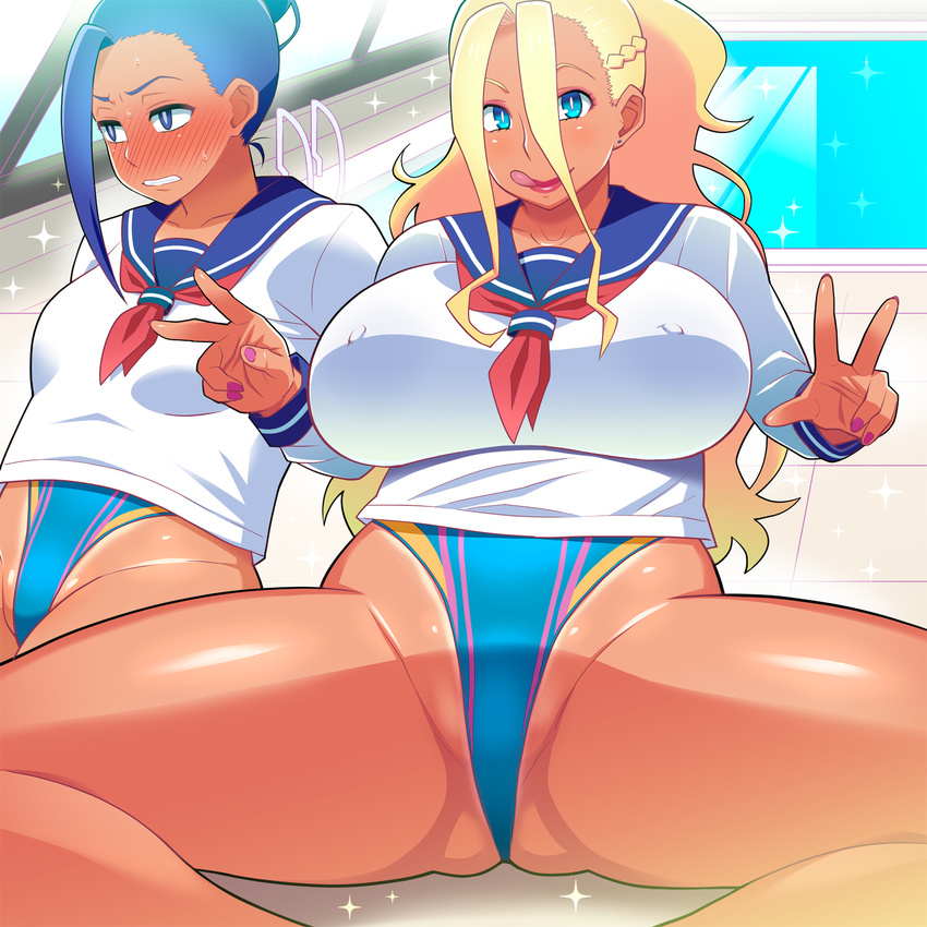 2girls aqua_eyes bare_legs blonde_hair blue_eyes blue_hair blush breasts character_request clenched_teeth dark_skin double_v earrings embarrassed erect_nipples full-face_blush galko's_sister hair_bun hair_over_eyes high_ponytail highres huge_breasts indoors legs lipstick long_hair long_sleeves looking_at_viewer looking_away mound_of_venus multiple_girls nail_polish oshiete!_galko-chan pink_nails ponytail pool sailor_collar school_uniform serafuku shiny shiny_skin sitting small_breasts smile spread_legs swimsuit tan tanline tetrodotoxin thighs tongue tongue_out v water