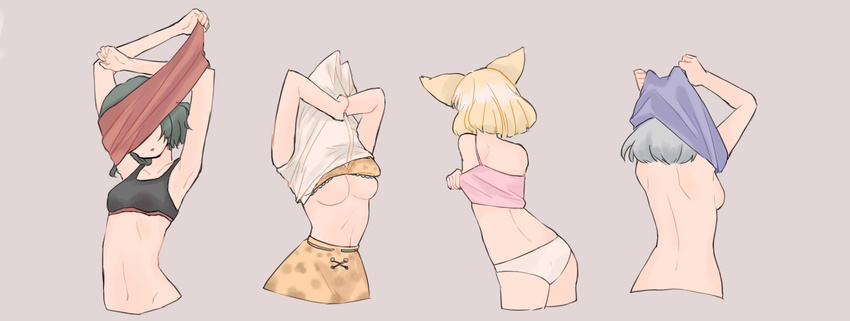 aaru_(kerogero1582) absurdres animal_ears armpits arms_up bare_back black_bra blonde_hair bra breasts commentary common_raccoon_(kemono_friends) cropped_legs cropped_torso fennec_(kemono_friends) fox_ears green_hair grey_background grey_hair highres kaban_(kemono_friends) kemono_friends medium_breasts multiple_girls no_bra panties print_bra print_skirt red_shirt serval_(kemono_friends) serval_print shirt shirt_over_head shoes short_hair sideboob simple_background skirt small_breasts sports_bra underboob underwear undressing upper_body white_panties white_shirt