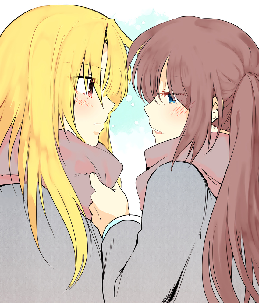 2girls blonde_hair blue_eyes blush brown_hair couple eye_contact fate_testarossa incipient_kiss jacket looking_at_another lyrical_nanoha mahou_shoujo_lyrical_nanoha mahou_shoujo_lyrical_nanoha_a's multiple_girls red_eyes scarf side_ponytail simple_background takamachi_nanoha white_background yuri