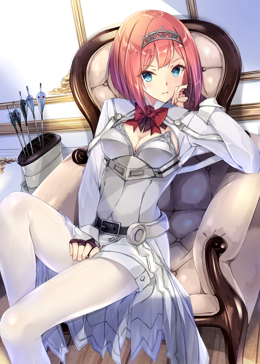 ark_royal_(kantai_collection) belt belt_buckle black_belt blue_eyes bob_cut breasts brown_gloves buckle commentary corset fingerless_gloves flower gloves hairband highres kantai_collection kobayashi_chisato long_sleeves looking_at_viewer medium_breasts pantyhose quiver red_flower red_hair red_ribbon red_rose ribbon rigging rose short_hair sitting smokestack solo tiara white_corset white_legwear