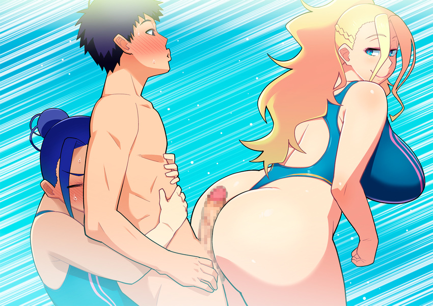 1boy 2girls aqua_eyes ass back backboob bangs bare_arms bare_legs bare_shoulders bent_over blonde_hair blue_eyes blue_hair blush breasts buttjob censored character_request clothed_female_nude_male erection eyes_closed full-face_blush galko's_sister gangbang hair_bun hair_over_eyes happy high_ponytail highres hug_from_behind huge_breasts legs long_hair looking_back makeup mosaic_censoring multiple_girls nude one-piece_swimsuit one-piece_thong oshiete!_galko-chan penis ponytail smile standing sweatdrop swimsuit tetrodotoxin thighs thong