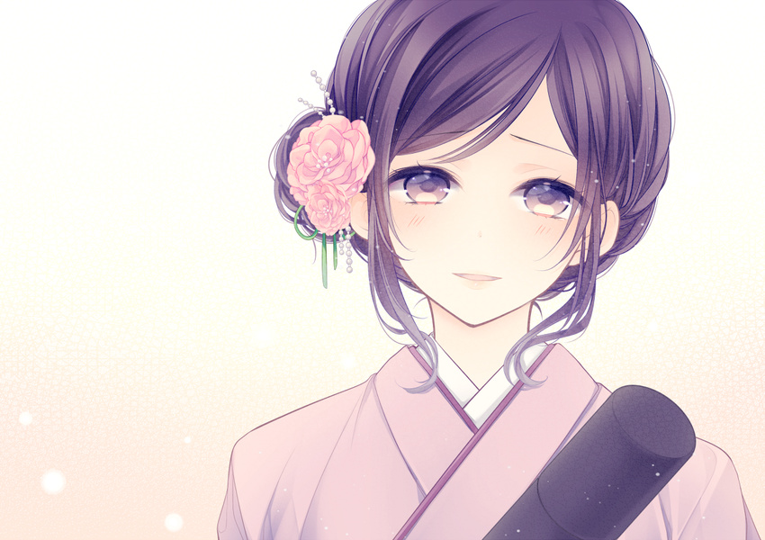 bangs beads blush brown_eyes brown_hair commentary_request diploma eyebrows_visible_through_hair flower gradient gradient_background hair_flower hair_ornament japanese_clothes kimono looking_at_viewer meiji_schoolgirl_uniform original parted_lips pink_flower pink_kimono shiro_mayu short_hair simple_background smile solo swept_bangs tube upper_body vocaloid white_background