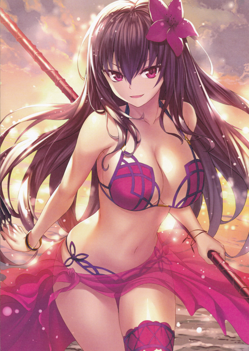 1girl absurdres bikini bracelet breasts cowboy_shot fate/grand_order fate_(series) flower gae_bolg gluteal_fold hair_between_eyes hair_flower hair_ornament halterneck heirou hibiscus highres huge_filesize jewelry kunai large_breasts leaning_forward long_hair looking_at_viewer navel outdoors pink_bikini pink_eyes purple_hair sarong scan scathach_(fate)_(all) scathach_(fate/grand_order) scathach_(swimsuit_assassin)_(fate) smile solo swimsuit thigh_gap thigh_strap weapon