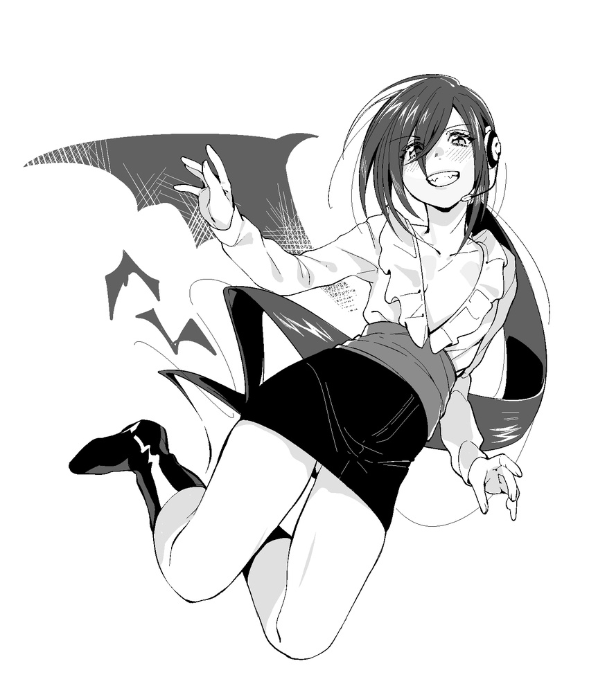 bad_id bad_pixiv_id bat_wings blouse boots clenched_teeth full_body greyscale grin headphones highres lady_bat long_hair looking_at_viewer mermaid_melody_pichi_pichi_pitch microphone monochrome ohisashiburi open_blouse open_clothes pencil_skirt plunging_neckline ponytail sash simple_background skirt smile solo teeth very_long_hair white_background wide_sleeves wings