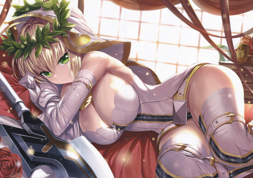 1girl absurdres aestus_estus bare_shoulders blonde_hair breasts cleavage elbow_gloves fate/extra fate/extra_ccc fate_(series) gloves heirou highres huge_filesize large_breasts looking_at_viewer lying nero_claudius_(bride)_(fate) nero_claudius_(fate)_(all) on_side raised_eyebrow scan shiny shiny_skin smile solo sword thighhighs weapon white_gloves white_legwear white_sleeves