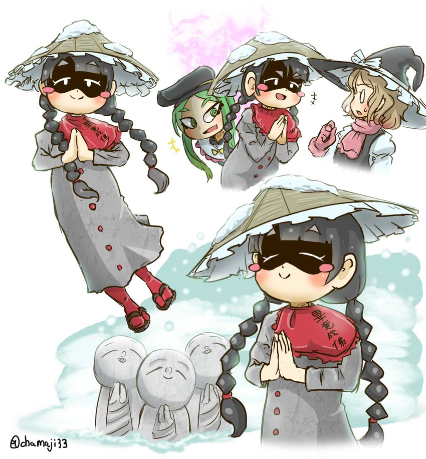 3girls :d ajirogasa al_bhed_eyes black_hair blonde_hair blush_stickers bow bowtie braid buttons c: capelet chamaji closed_eyes closed_mouth collage commentary_request dress eyebrows_visible_through_hair eyes full_body gloves green_eyes green_hair grey_dress hands_together hat hat_bow highres jizou kirisame_marisa long_hair long_sleeves looking_at_another looking_at_viewer multiple_girls o_o open_mouth red_capelet red_legwear sandals scarf smile snow solo_focus standing statue sweat teireida_mai thick_eyebrows tiptoes touhou translation_request twin_braids twitter_username upper_body witch_hat yatadera_narumi