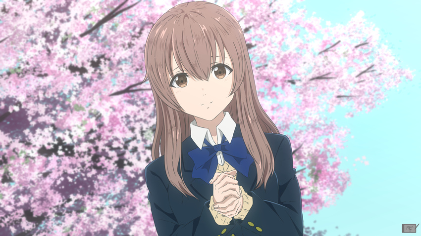 absurdres blue_bow blue_neckwear bow bowtie brown_eyes brown_hair day dutch_angle hair_between_eyes hands_clasped highres koe_no_katachi long_hair looking_at_viewer nishimiya_shouko outdoors own_hands_together satyarizqy school_uniform sign_language solo tree upper_body