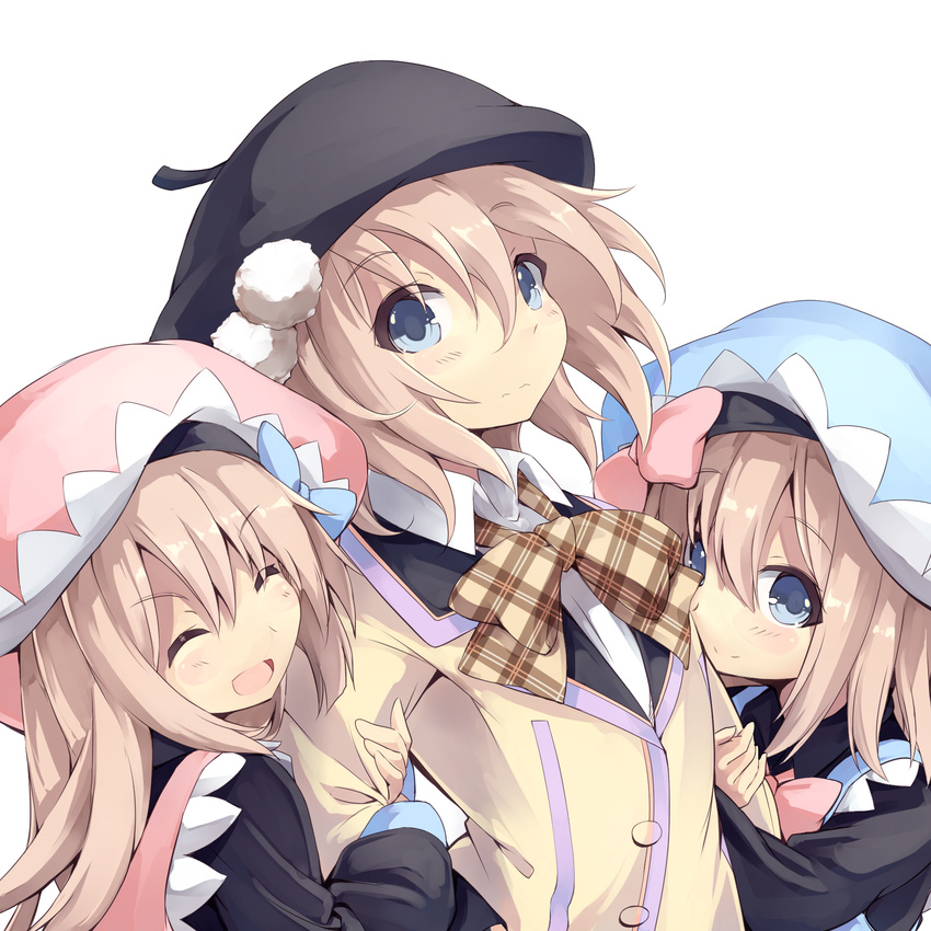 :d ^_^ arm_hug beret blanc blue_eyes blush bow brown_hair closed_eyes double_arm_hug gekijigen_tag:_blanc_+_neptune_vs_zombie_gundan girl_sandwich hat highres long_hair looking_at_viewer multiple_girls neptune_(series) normaland open_mouth plaid plaid_bow plaid_ribbon ram_(choujigen_game_neptune) ribbon rom_(choujigen_game_neptune) sandwiched short_hair siblings sisters smile twins