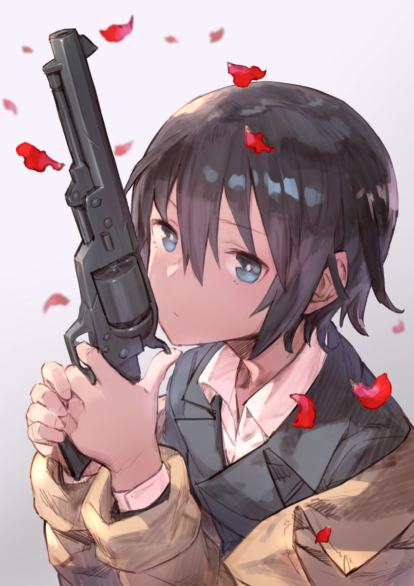 androgynous bangs blue_eyes blue_jacket blurry blurry_background closed_mouth colt_1851_navy commentary depth_of_field expressionless eyebrows_visible_through_hair finger_on_trigger grey_background gun handgun highres holding holding_gun holding_weapon jacket katahira_(hiyama) kino kino_no_tabi long_sleeves looking_at_viewer petals revolver shirt short_hair solo tomboy weapon white_shirt yellow_jacket