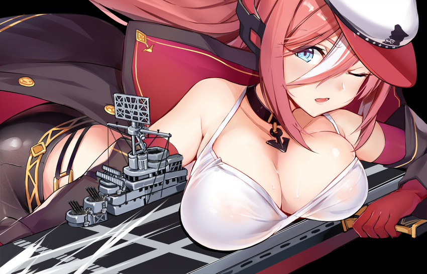 anchor_necklace aqua_eyes azur_lane bare_shoulders black_background black_neckwear black_pants blush breast_press breasts cannon cleavage close-up cropped elbow_gloves enka_(bcat) eyebrows_visible_through_hair flight_deck gloves hair_between_eyes hat jacket large_breasts long_hair looking_at_viewer one_eye_closed open_mouth pants ranger_(azur_lane) red_gloves red_hair remodel_(azur_lane) ship solo watercraft