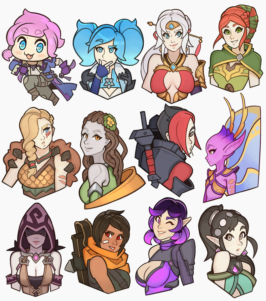 black_hair blue_eyes blue_hair breasts cassie_(paladins) character_request cleavage lian_(paladins) long_hair multiple_girls paladins purple_eyes purple_hair skye_(paladins) ying_(paladins)