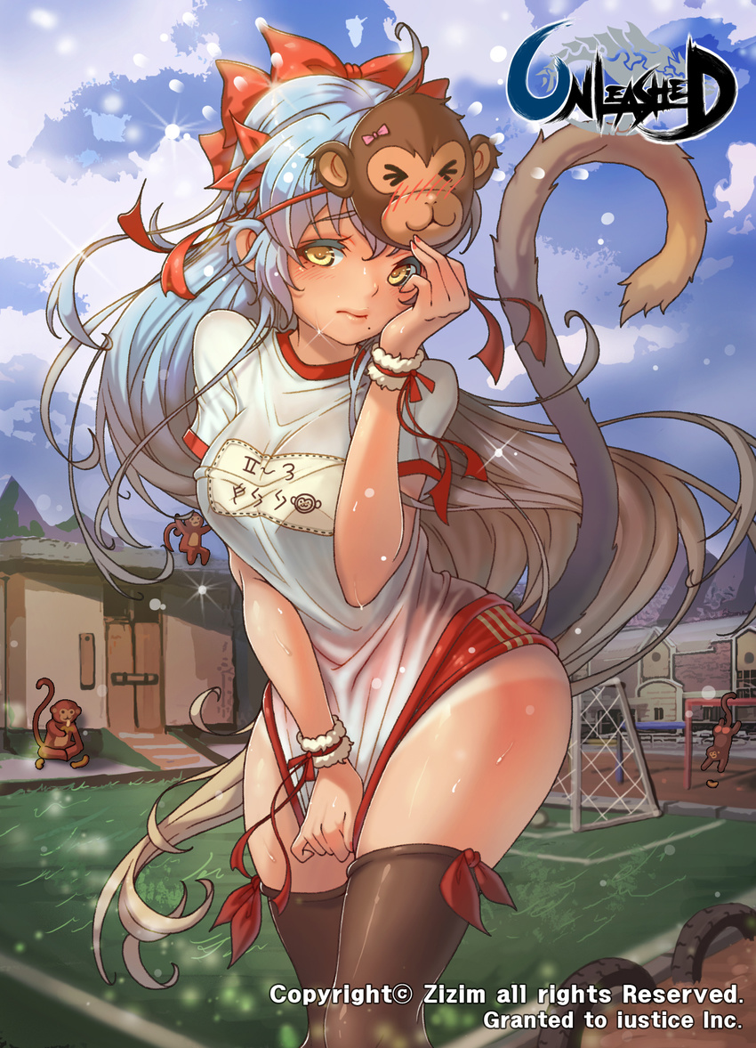 &gt;_&lt; :3 animal_ears black_legwear blue_hair blush bow breasts buruma commentary cowboy_shot day gradient_hair grey_hair gym_uniform hair_bow highres long_hair looking_at_viewer mask mask_on_head medium_breasts mole mole_under_mouth monkey monkey_ears monkey_mask monkey_tail multicolored_hair name_tag official_art outdoors red_bow shirt_tug short_sleeves solo tail thighhighs unleashed very_long_hair wristband x3 yellow_eyes zizim