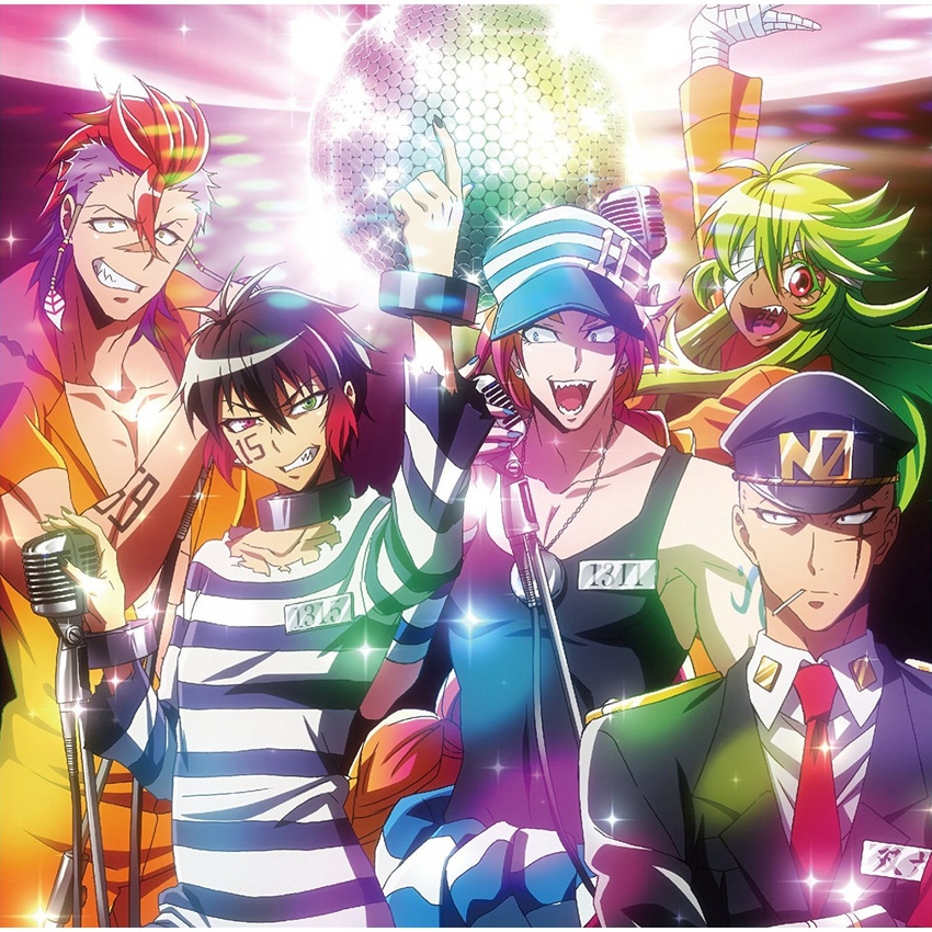 5boys androgynous bald bandage bandage_over_eye black_hair blonde_hair blue_eyes cigarette disco_ball everyone facial_tattoo frown green_hair grin hair_over_one_eye happy hat heterochromia juugo_(nanbaka) long_hair looking_at_viewer looking_over male_focus microphone multiple_boys muscle nail_polish necklace nico_(nanbaka) number number_tag official_art open_mouth payot pink_hair prisoner purple_hair red_eyes red_hair rock_(nankaba) scar shackles sharp_teeth short_hair small_pupils smile sparkles striped sugoroku_hajime tank_top tongue_tattoo trap two-tone_hair uniform uno_(nanbaka) yellow_eyes