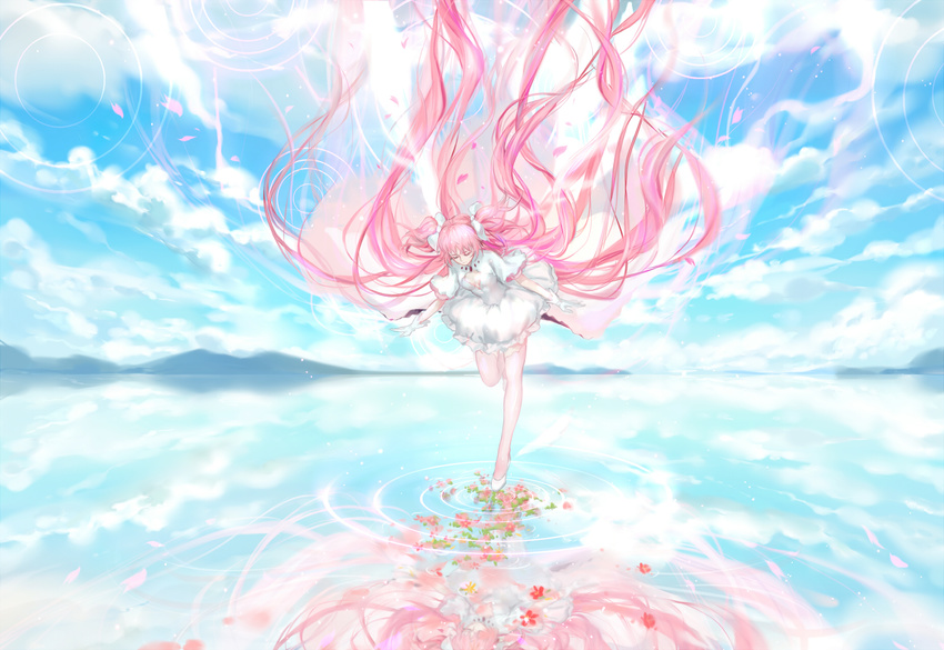 absurdly_long_hair bangs blue_sky bow closed_mouth cloud cloudy_sky commentary day dress flower gloves hair_bow highres horizon kaname_madoka lake long_hair magical_girl mahou_shoujo_madoka_magica mountain outdoors pink_hair puffy_short_sleeves puffy_sleeves qidai reflection scenery shoes short_sleeves sky solo standing standing_on_one_leg two_side_up ultimate_madoka very_long_hair water_surface white_dress white_footwear white_gloves wide_shot