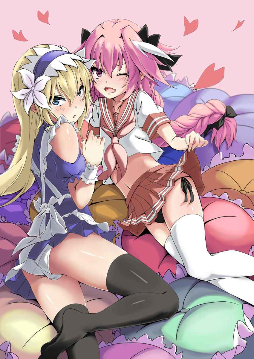 2boys artist_request ass bare_shoulders blonde_hair blue_eyes blush bow braid bulge dress fang fate/apocrypha fate/grand_order fate_(series) from_behind garter_straps hair_bow headdress le_chevalier_d'eon_(fate/grand_order) long_hair looking_at_viewer looking_back lying maid maid_headdress miniskirt multiple_boys on_side one_eye_closed open_mouth panties pantyshot pink_hair purple_eyes rider_of_black school_uniform shiny shiny_hair shiny_skin sideboob single_braid skirt skirt_hold skirt_lift smile thighhighs trap two-tone_hair underwear very_long_hair white_hair wink