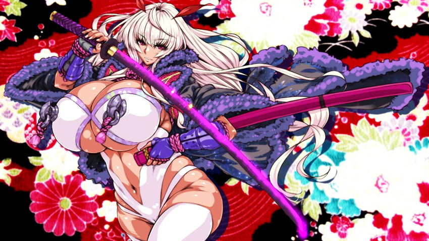 blonde_hair breasts commentary_request curvy dark_skin fur_trim hayama_kazusa huge_breasts itou_ittousai_(sengoku_bushouki_muramasa) katana long_hair looking_at_viewer navel parted_lips red_eyes sengoku_bushouki_muramasa skindentation smile solo sword thick_thighs thighs underboob weapon wide_hips