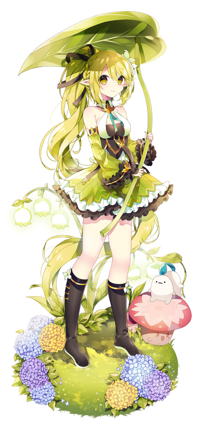 absurdres bare_shoulders breasts chilling_hedgehog_(elsword) cleavage detached_sleeves elf elsword g_ieep gloves green_eyes green_hair green_sleeves hair_ornament highres large_breasts long_hair looking_at_viewer pointy_ears rena_(elsword) skirt smile solo wind_sneaker_(elsword)