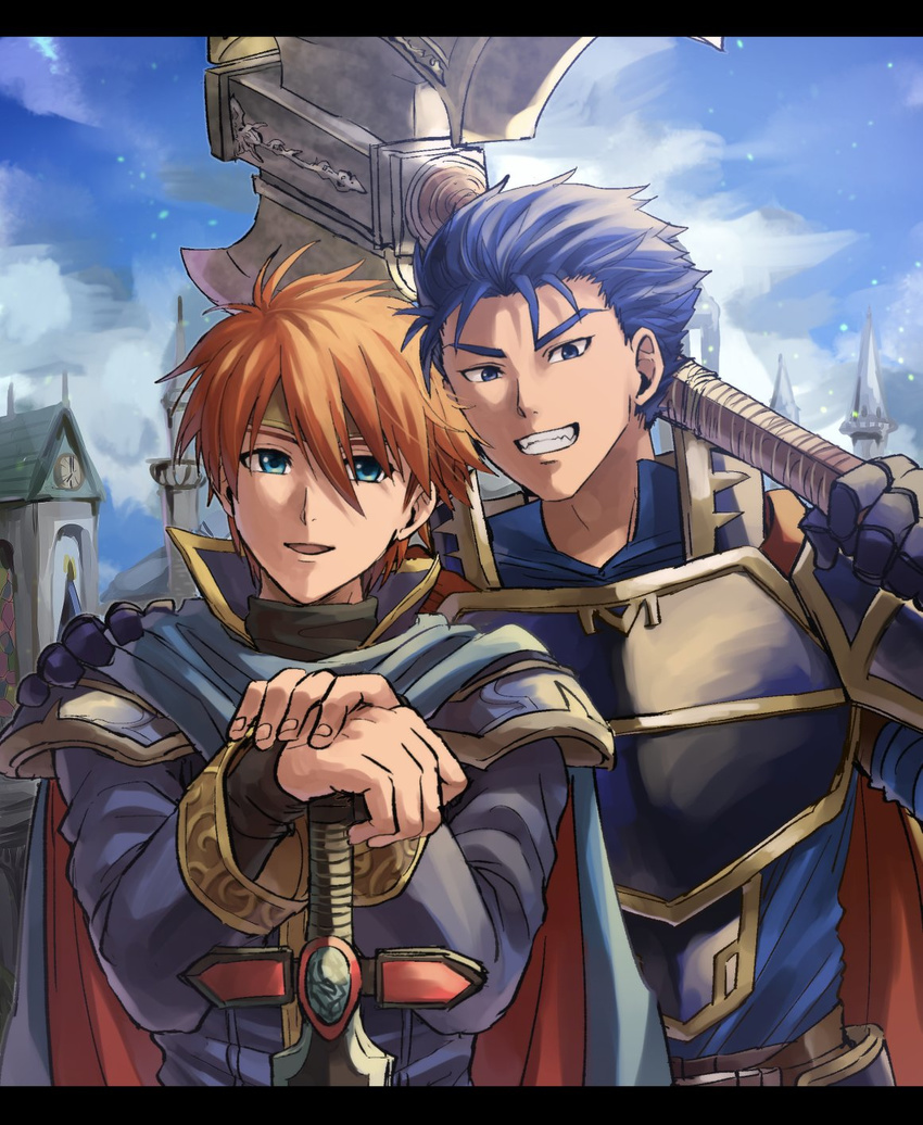 armor axe blue_eyes blue_hair cape day eliwood_(fire_emblem) fire_emblem fire_emblem:_rekka_no_ken hector_(fire_emblem) highres holding holding_axe kometubu0712 looking_at_viewer male_focus multiple_boys red_hair short_hair smile weapon