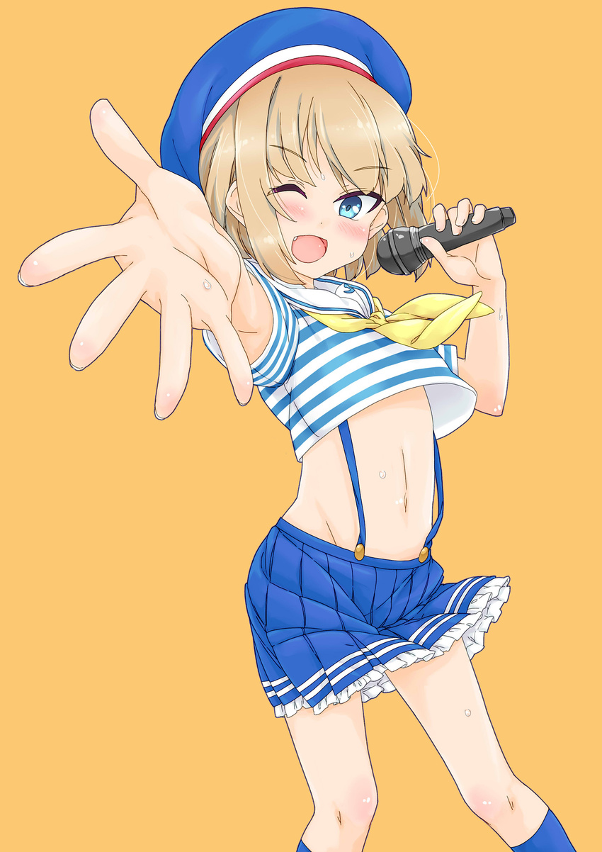 :d alternate_costume bad_id bad_pixiv_id bangs blue_hat blue_legwear blue_skirt crop_top eyebrows_visible_through_hair eyes_visible_through_hair fang feet_out_of_frame foreshortening frilled_skirt frills girls_und_panzer hat highres holding idol itou_ayachi katyusha kneehighs looking_at_viewer microphone midriff miniskirt navel neckerchief one_eye_closed open_mouth pleated_skirt sailor_collar sailor_hat shirt short_hair short_sleeves simple_background skirt smile solo standing striped striped_shirt striped_skirt suspender_skirt suspenders sweat t-shirt yellow_background yellow_neckwear