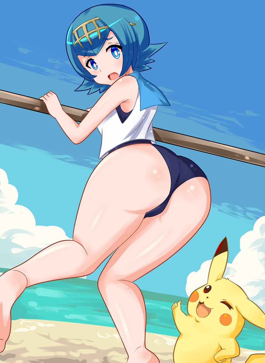 :o ;3 ass back bare_arms bare_legs beach blue_eyes blue_hair blue_sky blush cloud day from_behind full_body gen_1_pokemon hairband highres hips looking_at_viewer looking_back ocean one-piece_swimsuit open_mouth pikachu pokemon pokemon_(creature) pokemon_(game) pokemon_sm shirt short_hair sky sleeveless sleeveless_shirt smile suiren_(pokemon) swimsuit swimsuit_under_clothes thumbs_up trial_captain unholysoul wavy_mouth