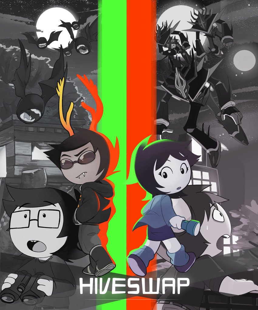 3boys absurdres binoculars buck_teeth copyright_name dammek fangs flashlight hands_in_pockets highres hiveswap homestuck hone_(honesk1) hood hoodie horns jacket joey_claire jude_harley looking_at_viewer monster moon multiple_boys skirt sleeves_rolled_up sunglasses sweatdrop tree treehouse troll_(homestuck) xefros_tritoh