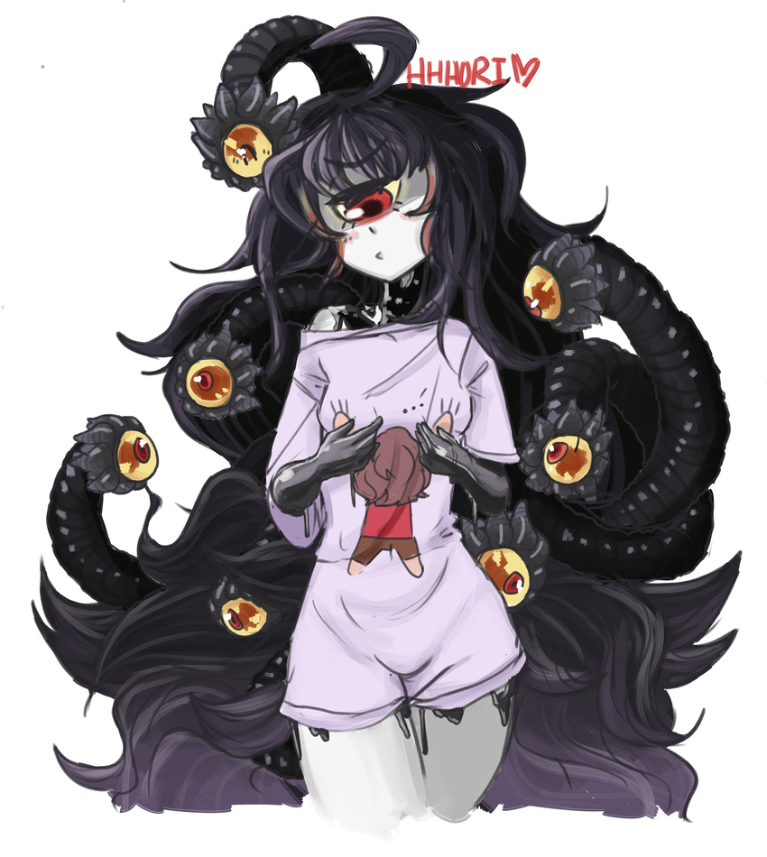 absurdres ahoge alternate_costume black_hair blush breasts commentary commission cowboy_shot cyclops extra_eyes gazer_(monster_girl_encyclopedia) hhhori highres lavender_shirt lavender_shorts long_hair looking_at_viewer looking_down monster_girl monster_girl_encyclopedia one-eyed pajamas pout red_eyes shirt shorts signature simple_background skirt slime small_breasts solo standing tail tentacles white_background white_skin white_skirt yellow_sclera