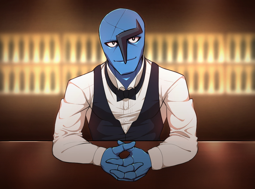 2017 3_fingers arm_support bar bartender biped black_clothing black_eyes black_topwear blue_skin blurred_background bow_tie bust_portrait clothing counter depth_of_field digital_drawing_(artwork) digital_media_(artwork) dress_shirt facial_markings front_view grey_markings half-closed_eyes hi_res humanoid humanoid_hands interlocked_fingers leaning_on_elbow lighting looking_at_viewer male markings nintendo not_furry on_table pok&eacute;mon pok&eacute;mon_(species) pok&eacute;morph portrait sawk shadow shirt sknk_sgm smile solo standing table vest video_games white_clothing white_topwear