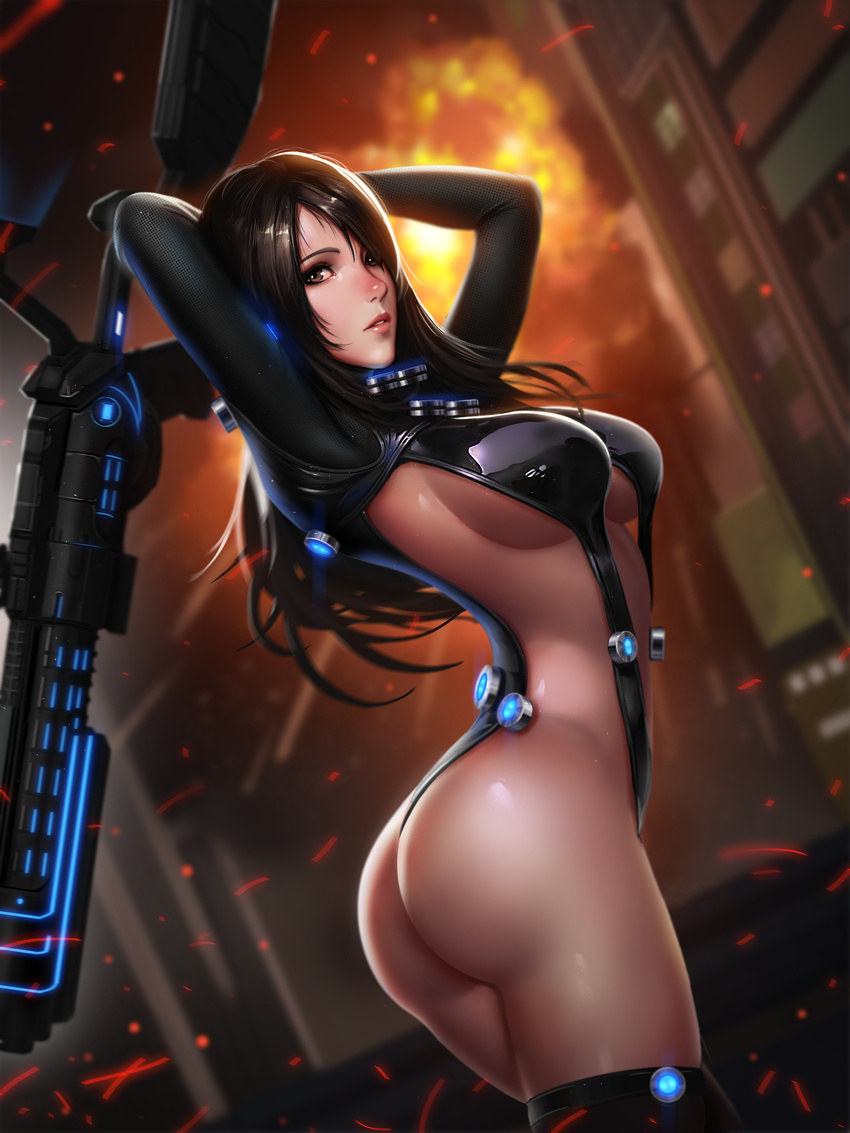 absurdres arms_behind_head arms_up ass bangs black_eyes black_hair black_legwear blurry blush bodysuit bokeh breasts breasts_apart building cowboy_shot depth_of_field energy_gun explosion eyelashes eyeliner eyeshadow from_side gantz gantz_suit gun hair_over_one_eye highres holding holding_gun holding_weapon huge_filesize huge_weapon large_breasts legs_together liang_xing light_particles long_hair long_sleeves looking_at_viewer makeup night nose nose_blush outdoors paid_reward parted_lips patreon_reward revealing_clothes shimohira_reika shiny shiny_clothes shiny_skin sideboob solo teeth thighhighs thighs thong turtleneck twisted_torso underboob weapon