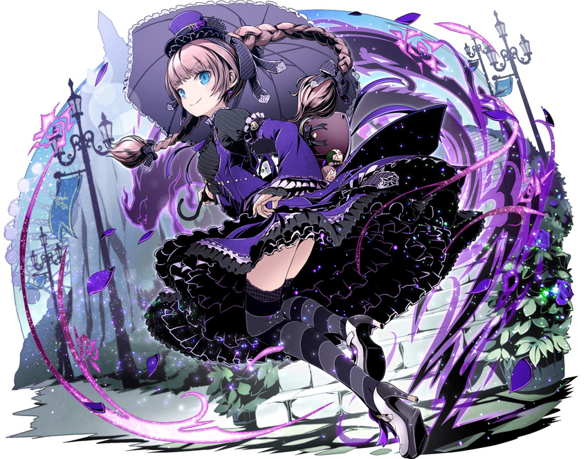 black_legwear blue_eyes braid brown_hair divine_gate dress earrings eyebrows_visible_through_hair full_body grey_ribbon hair_ribbon hairband hat high_heels highres jewelry layered_dress long_hair looking_back mini_hat purple_dress purple_hat ribbon shadow simple_background smile solo striped striped_legwear thighhighs twin_braids ucmm white_background