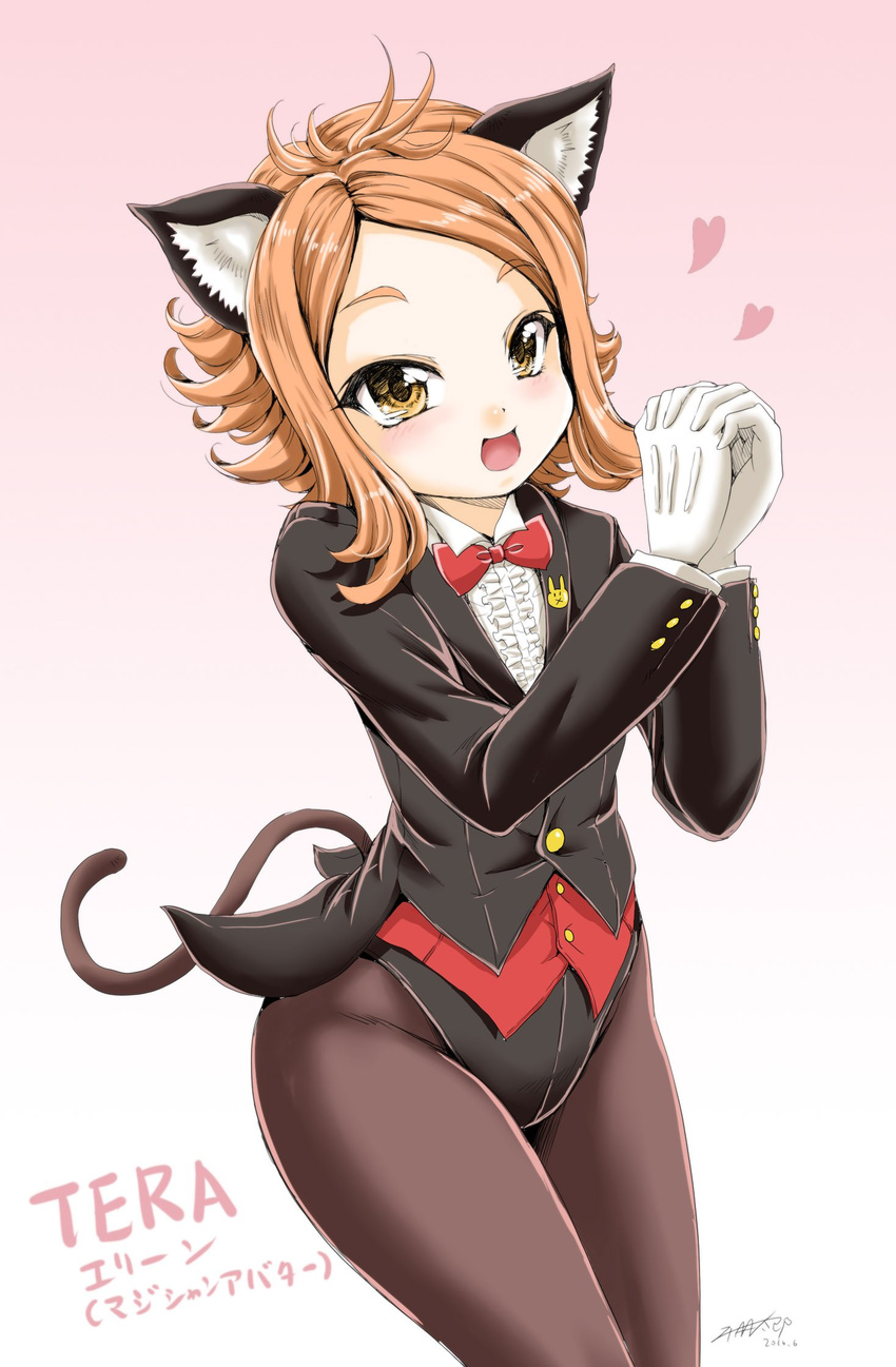 2016 :d animal_ears bangs black_jacket black_legwear black_leotard blazer bow bowtie bunny buttons cat_ears cat_tail chiaki_tarou coattails collared_shirt copyright_name dated elin_(tera) eyebrows eyebrows_visible_through_hair flat_chest gloves gradient gradient_background groin hands_together hands_up heart highres interlocked_fingers jacket leotard long_hair long_sleeves open_mouth orange_eyes orange_hair pantyhose parted_bangs red_bow red_neckwear shirt signature smile solo standing tail tera_online white_gloves white_shirt