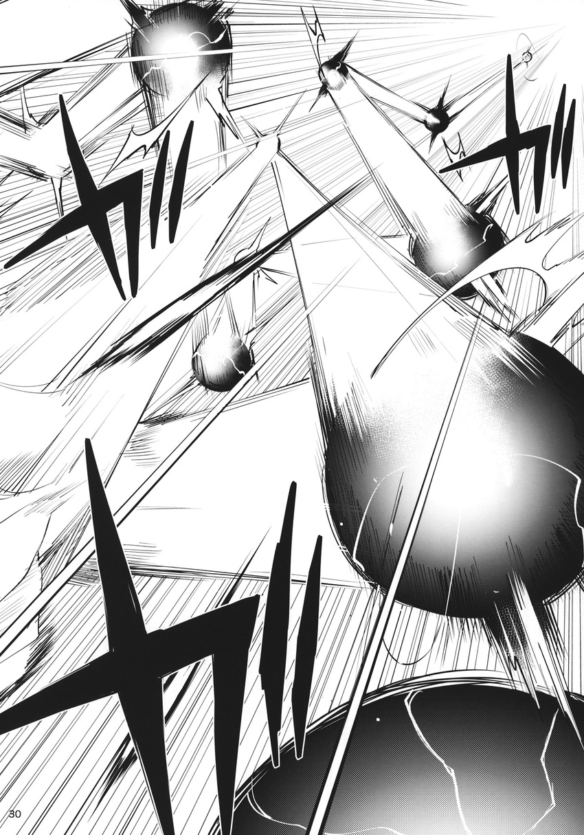 danmaku energy_ball greyscale highres kakao_(noise-111) monochrome no_humans page_number touhou translated