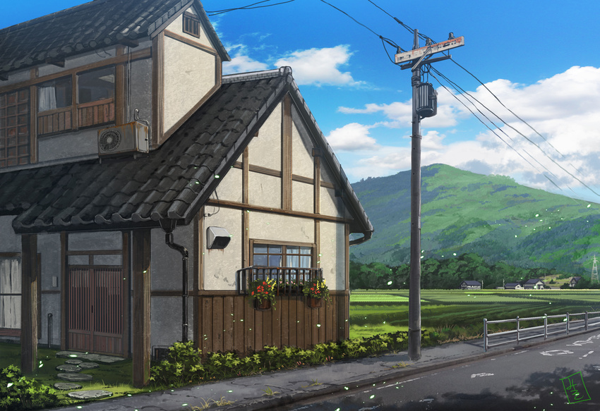 blue_sky cloud cloudy_sky commentary_request day door drainpipe grass half-timbered hill house miso_katsu mountain no_humans original outdoors path plant potted_plant power_lines railing road rural scenery sidewalk sky stepping_stones telephone_pole tile_roof town transformer window