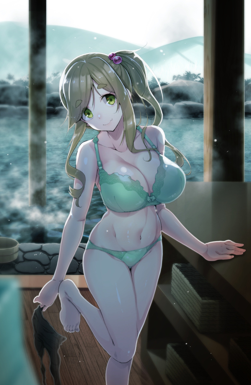 absurdres akahito basket bow bow_panties bra breasts brown_hair cleavage frilled_bra frilled_panties frills green_bra green_eyes green_panties highres inuyama_aoi large_breasts long_hair looking_at_viewer navel onsen panties pantyhose scrunchie smile snow solo thick_eyebrows underwear undressing yurucamp