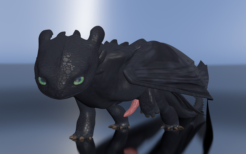 2017 3d_(artwork) absurd_res black_scales blender3d blender_(software) claws digital_media_(artwork) dragon dreamworks erection feral hi_res how_to_train_your_dragon lvl-n male membranous_wings night_fury penis scales scalie simple_background smile solo wings