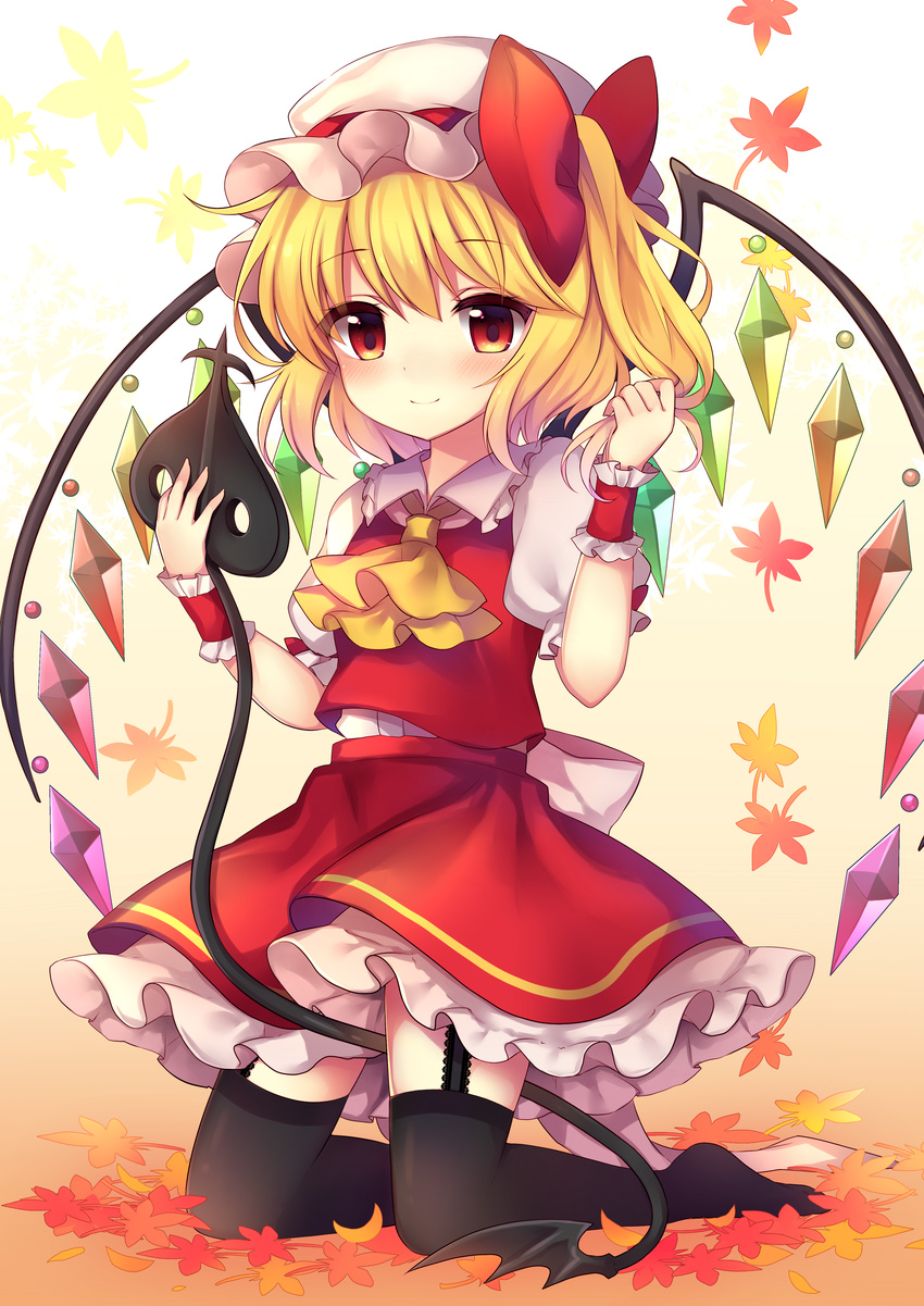 absurdres ascot autumn_leaves bangs black_legwear blonde_hair closed_mouth commentary_request eyebrows_visible_through_hair flandre_scarlet full_body garter_straps gradient gradient_background hat highres holding kneeling laevatein leaf long_hair looking_at_viewer mob_cap one_eye_closed orange_background puffy_short_sleeves puffy_sleeves red_eyes red_skirt ruhika short_sleeves skirt skirt_set smile solo thighhighs touhou very_long_hair white_background wings wrist_cuffs