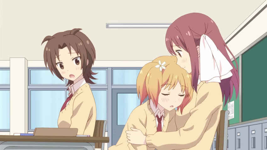 3girls blonde_hair blush brown_eyes brown_hair chair chalkboard classroom couple eyes_closed hair_ornament hairclip happy iizuka_yuzu looking_at_another multiple_girls official open_mouth pink_eyes pink_hair ribbon sakura_trick school_uniform screencap sitting sleeping smile sonoda_yuu surprised table takayama_haruka uniform yuri