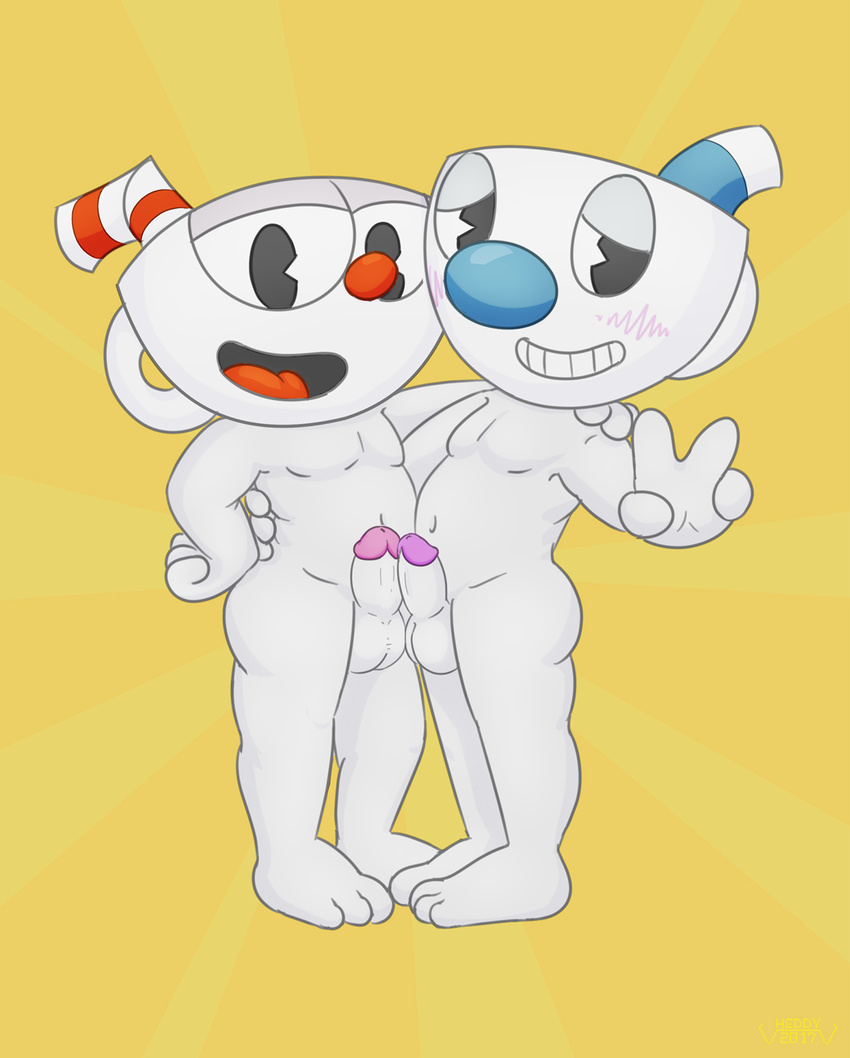 animate_inanimate balls cuphead_(character) cuphead_(game) erection heddy humanoid male male/male mugman not_furry nude object_head penis
