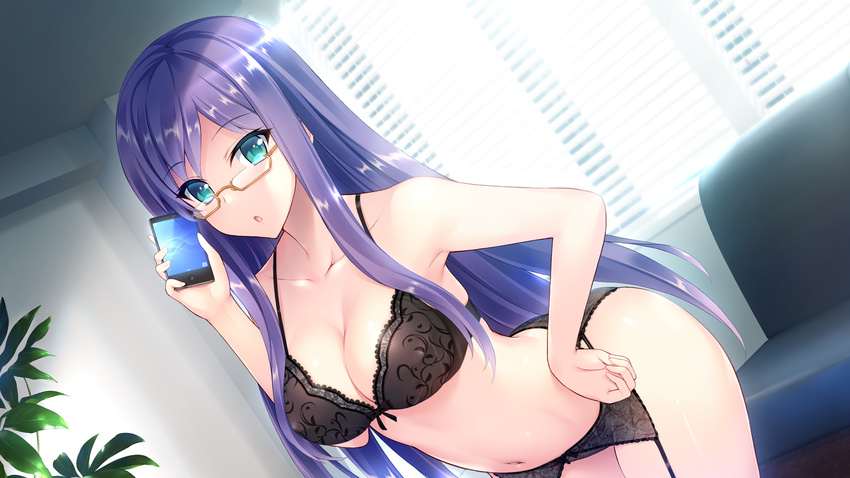 aqua_eyes arched_back black_bra black_panties bra breasts cellphone cleavage collarbone cowboy_shot dutch_angle eyebrows_visible_through_hair game_cg garter_belt glasses hand_on_hip haze_man_-the_local_hero- highres indoors kurifuto large_breasts leaning_forward long_hair looking_at_viewer mikazuki_touko non-web_source panties parted_lips phone purple_hair semi-rimless_eyewear sidelocks smartphone solo under-rim_eyewear underwear underwear_only very_long_hair