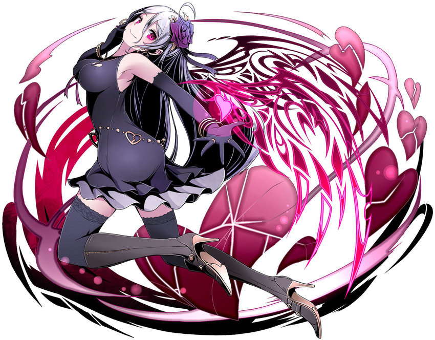 ahoge armpits black_dress black_footwear black_gloves black_legwear black_ribbon boots breasts breasts_apart divine_gate dress elbow_gloves eyebrows_visible_through_hair floating_hair flower from_side full_body gloves hair_between_eyes hair_flower hair_ornament hair_ribbon heart high_heel_boots high_heels highres knee_boots long_hair looking_at_viewer medium_breasts purple_flower red_eyes ribbon shadow silver_hair simple_background sleeveless sleeveless_dress solo thighhighs ucmm very_long_hair white_background