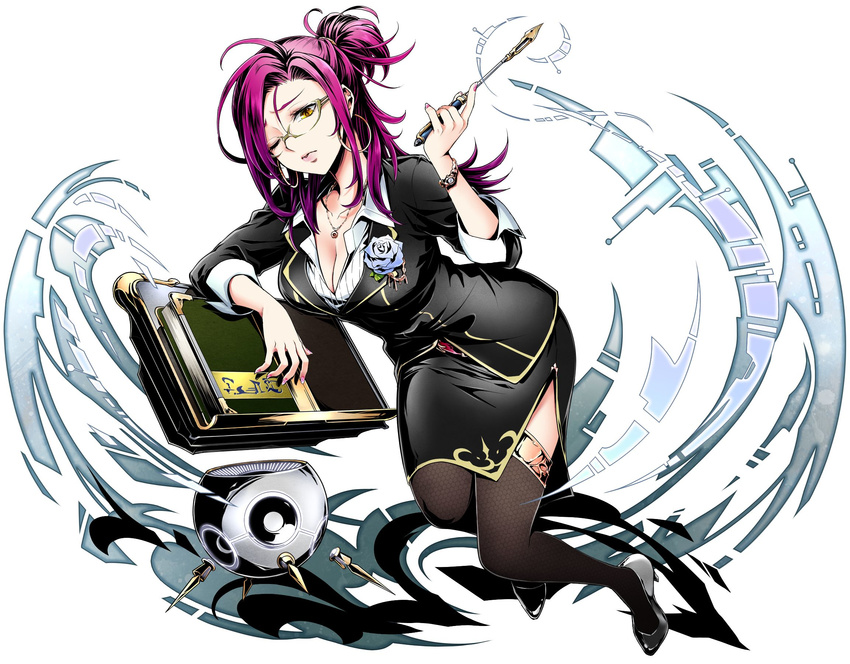 black_legwear black_skirt blue_flower book bracelet breasts cleavage collarbone divine_gate earrings flower full_body glasses high_heels highres holding jewelry large_breasts long_hair necklace one_eye_closed pencil_skirt ponytail purple_hair shirt simple_background skirt solo striped striped_shirt thighhighs ucmm vertical-striped_shirt vertical_stripes white_background white_shirt yellow_eyes