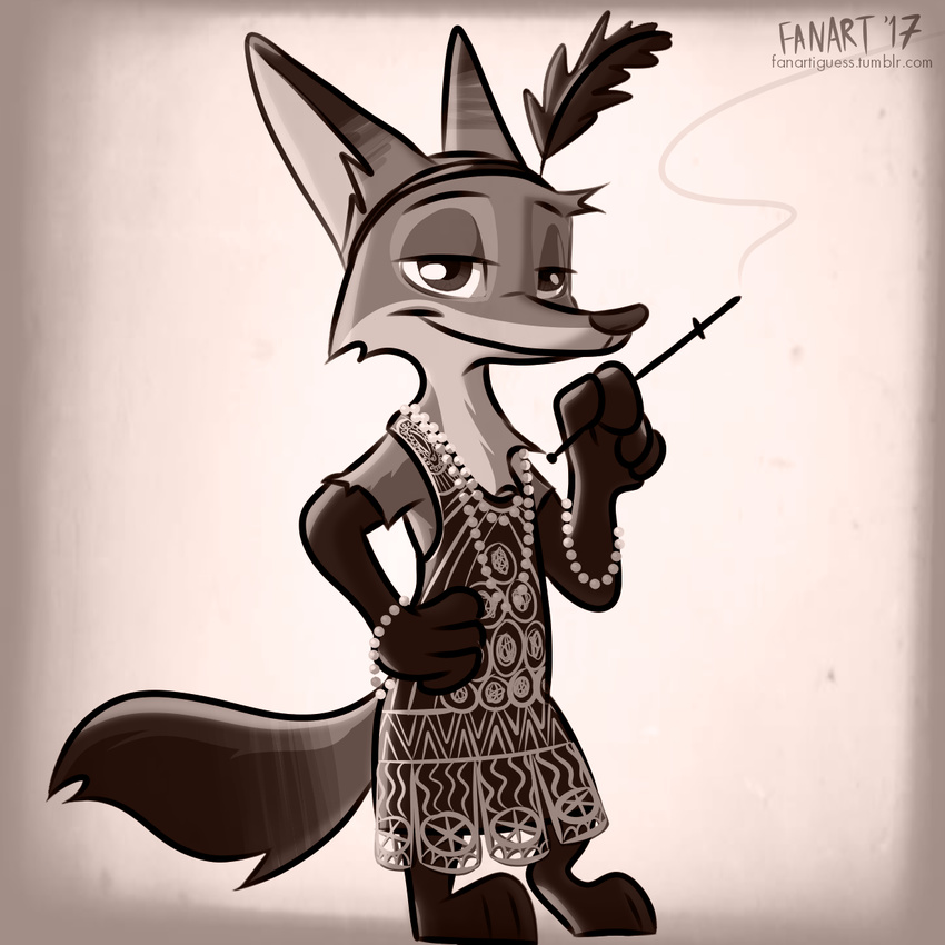 2017 anthro bracelet canine clothed clothing crossdressing cute disney dress fanartiguess flapper fox fur gem jewelry looking_at_viewer male mammal monochrome necklace nick_wilde pearl_(gem) pearls sepia smoking standing toony zootopia