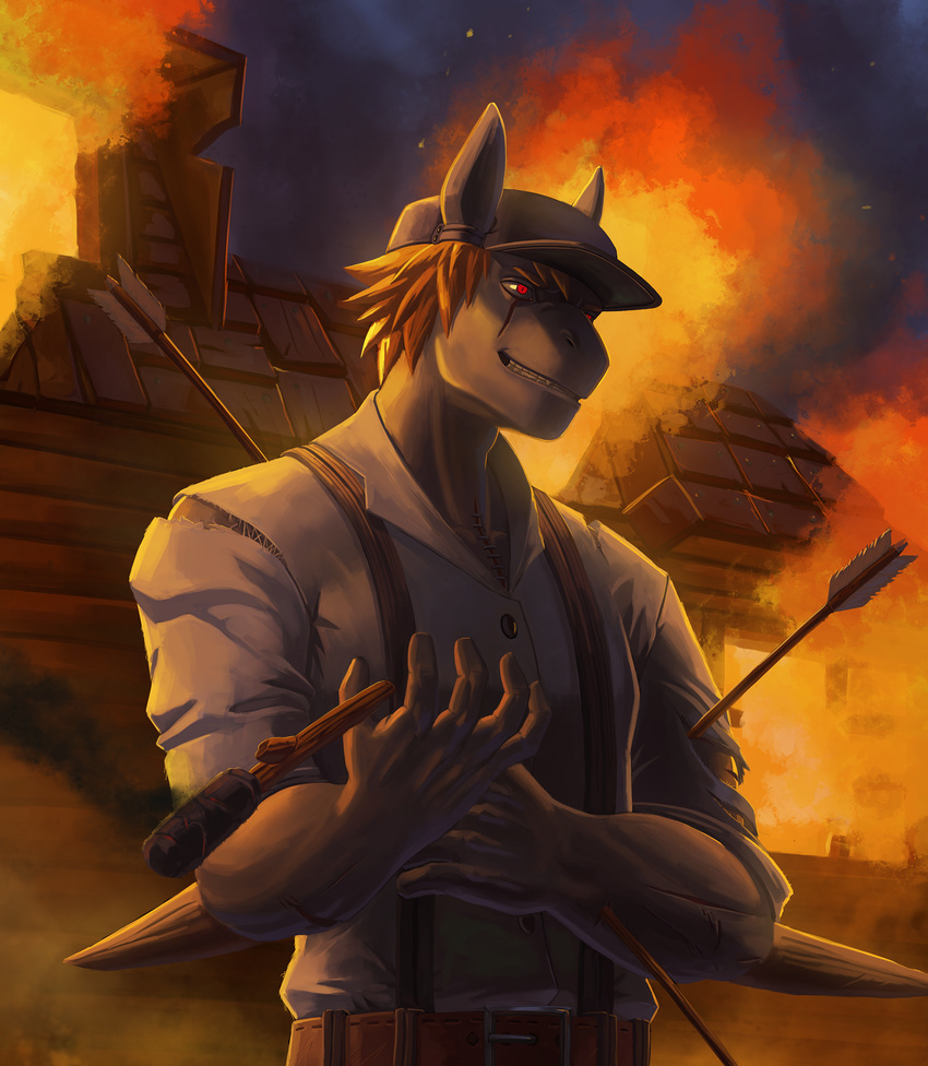 5_fingers arrow brown_hair clothed clothing demon detailed_background digital_media_(artwork) fire grey_skin hair hat keilink male night outside red_eyes sky smile solo